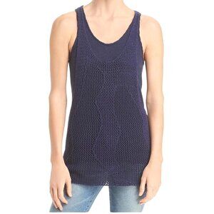DONNA KARAN Womens Navy Textured Layered Sleeveless Scoop Neck Tank Large